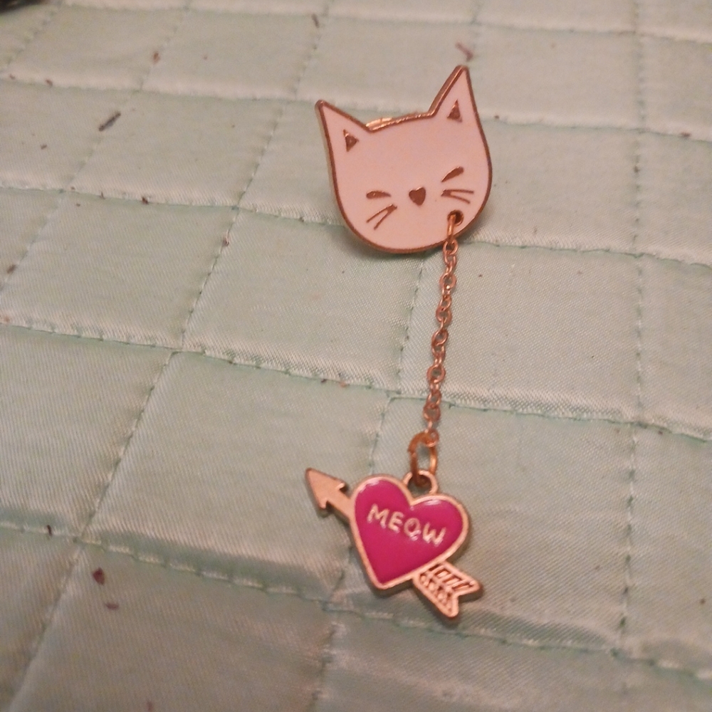 Cute Cat Enamel Pin with Heart Charm